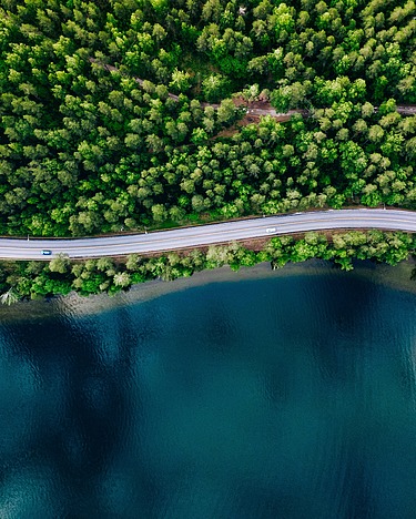 Road on the coast Winding road between forest and lake