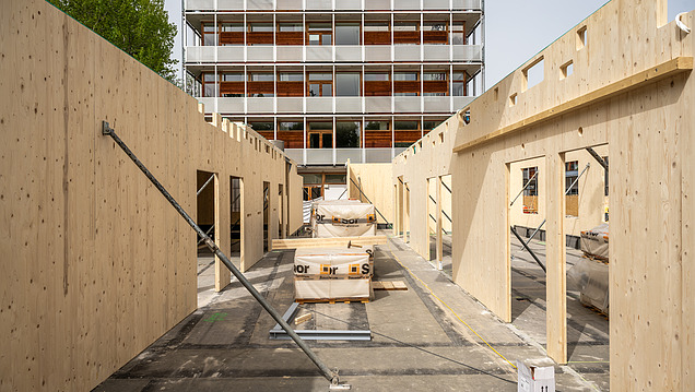 Photo of a commercial building with prefabricated timber elements