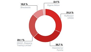 Kreisdiagramm, welches die Aktionärsstruktur zeigt. Im Detail halten Raiffeisen/UNIQA 31,9 %, die Familie Haselsteiner 30,7% und MKAO „Rasperia Trading Limited“ 24,1 %. 10,9% befinden sich im Streubesitz, 2,4% werden als eigene Aktien gehalten. 