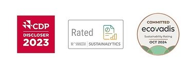 Graphic of the badges of the current ESG ratings by CDP and Sustainalytics EcoVadis