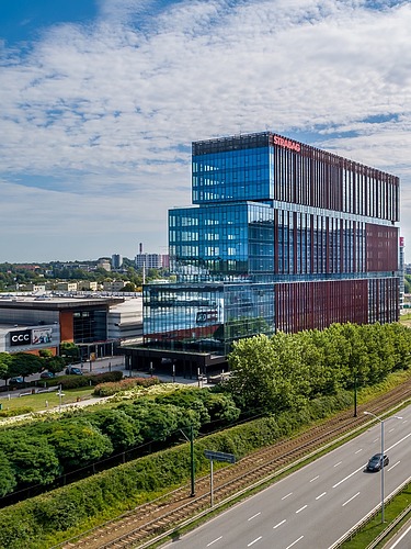 The STRABAG building in Katowice, Poland from the outside by day